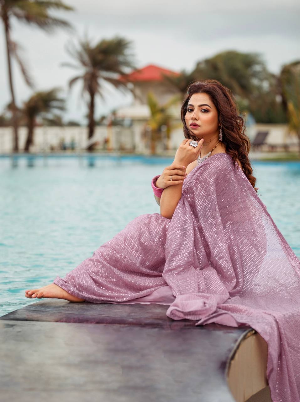 Lavender Elegant Georgette Sequin Work Saree with Banglori Silk Blouse