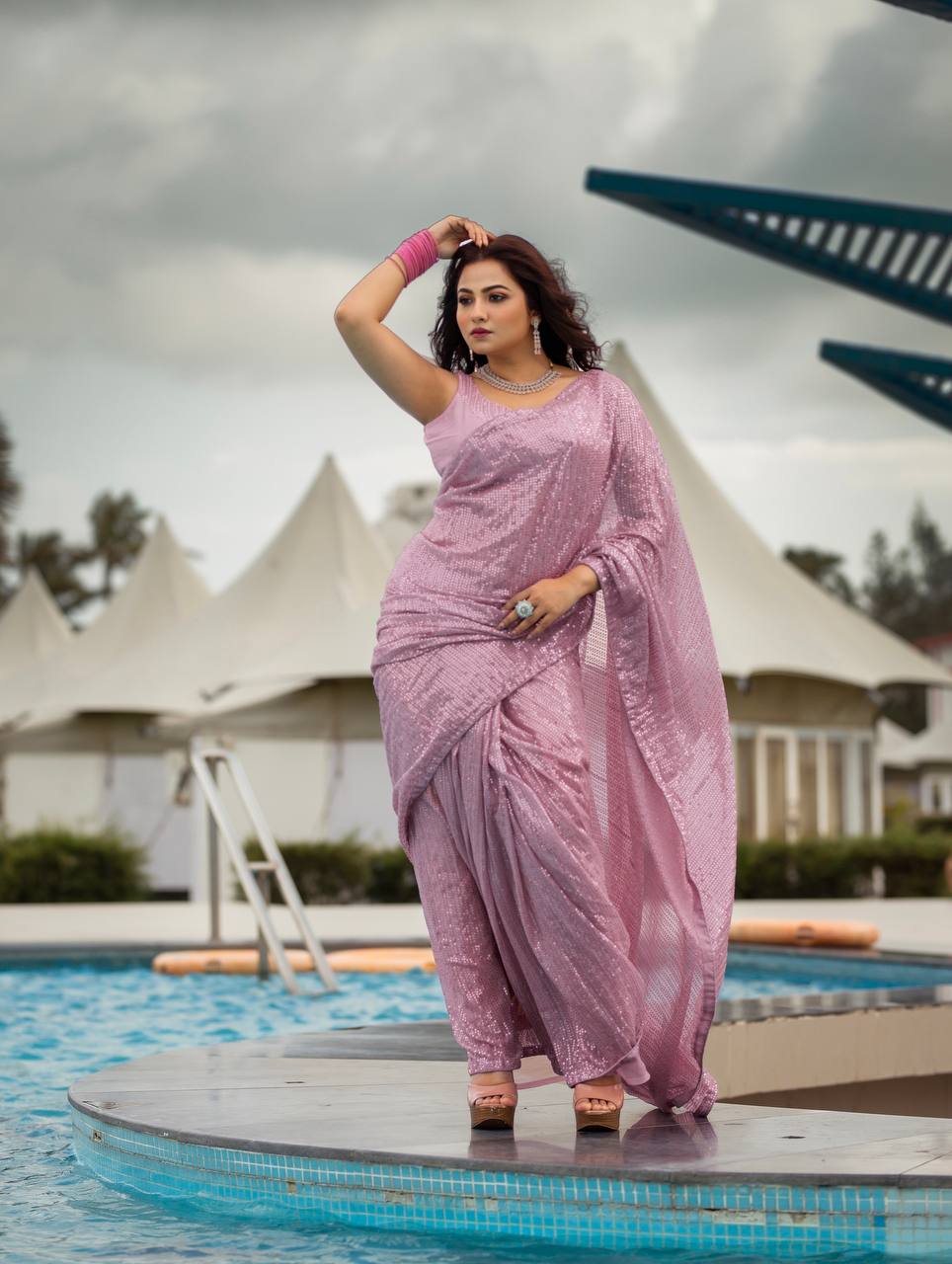 Lavender Elegant Georgette Sequin Work Saree with Banglori Silk Blouse