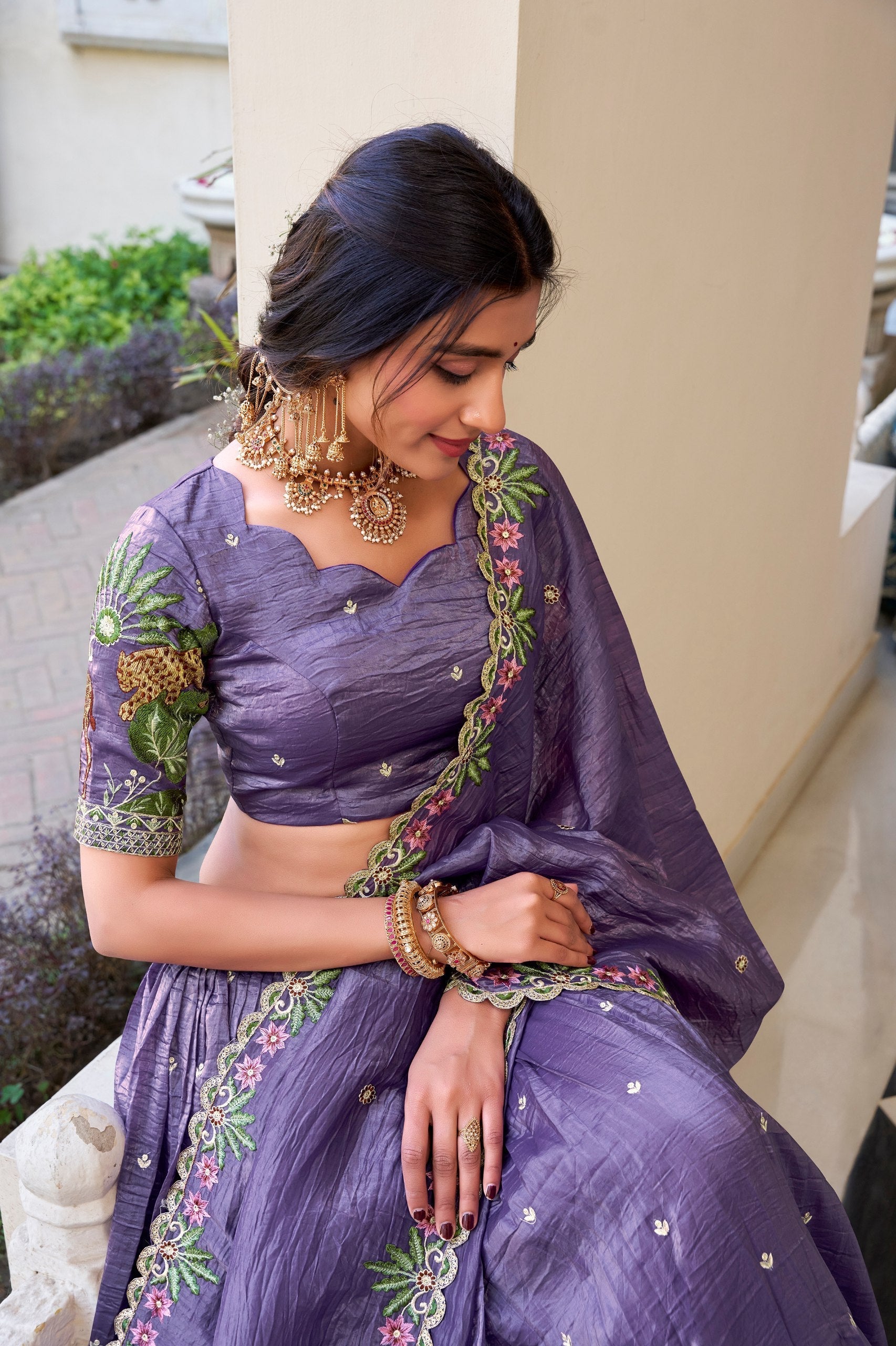 Lavender Elegant Gold Crush Lehenga Set with Sequins & Thread Embroidery