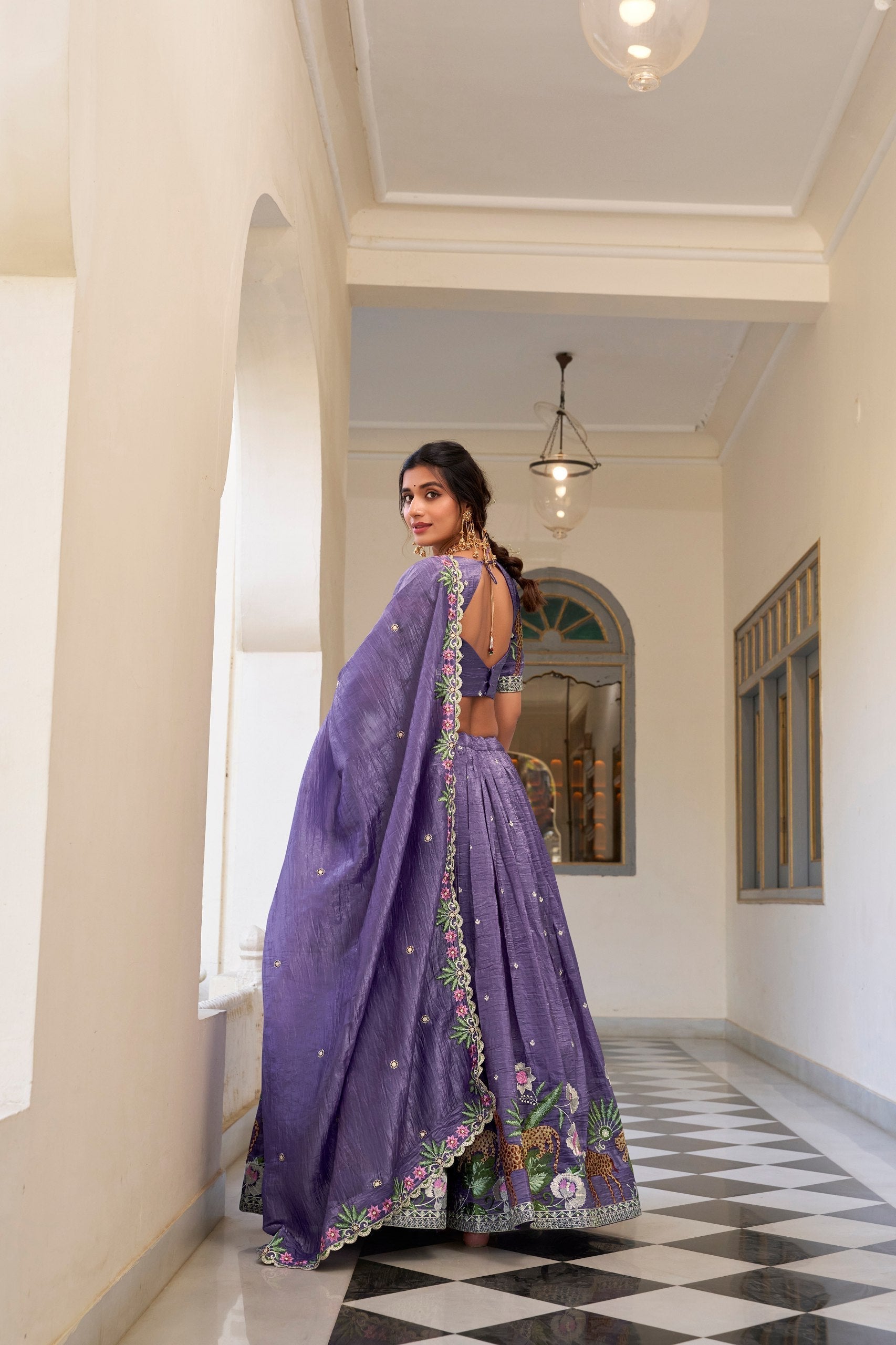 Lavender Elegant Gold Crush Lehenga Set with Sequins & Thread Embroidery