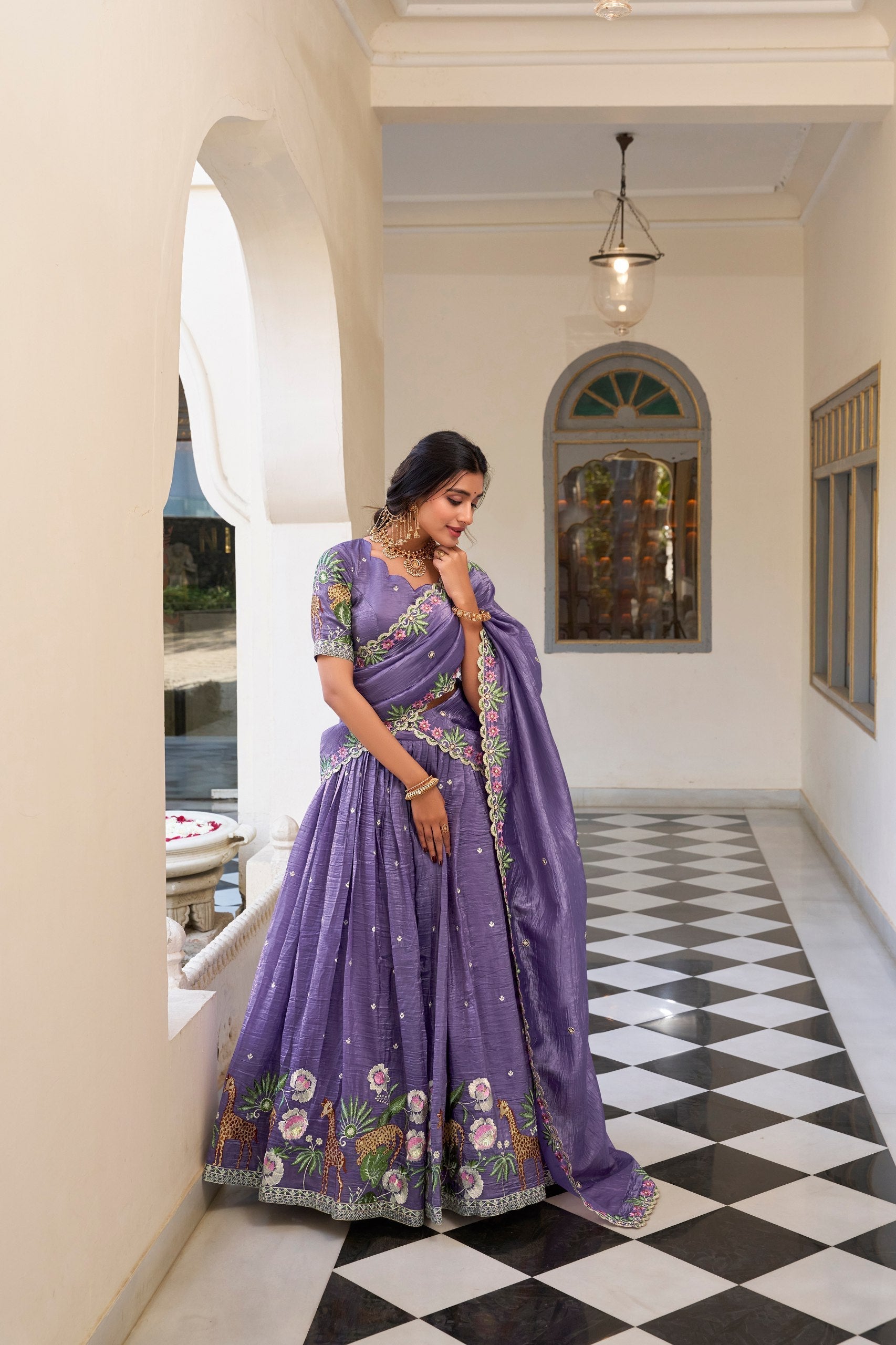 Lavender Elegant Gold Crush Lehenga Set with Sequins & Thread Embroidery