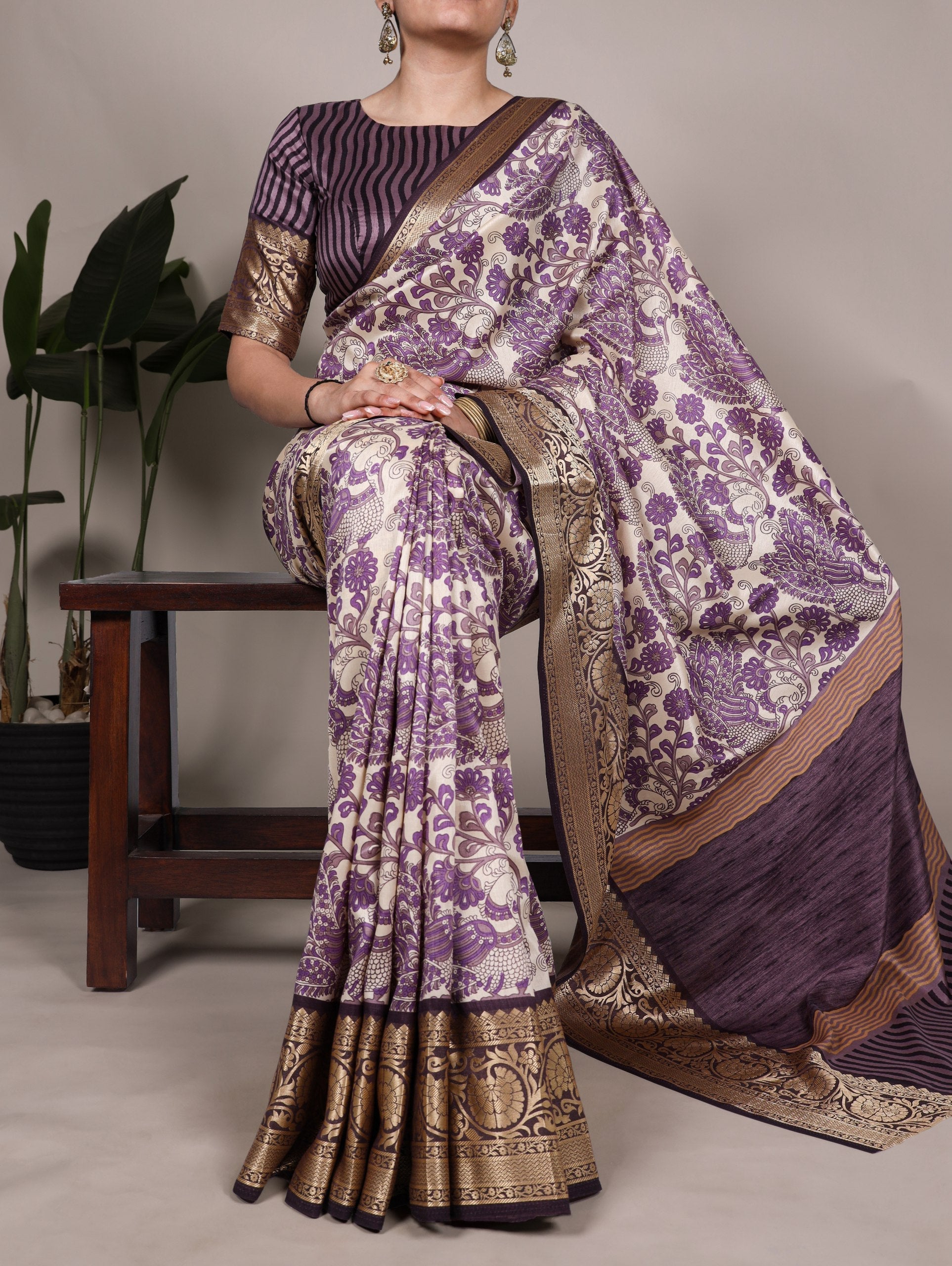Lavender Elegant Tasar Silk Printed Saree with Viscose Border & Unstitched Blouse – 5.5 Meter Traditional Silk Saree
