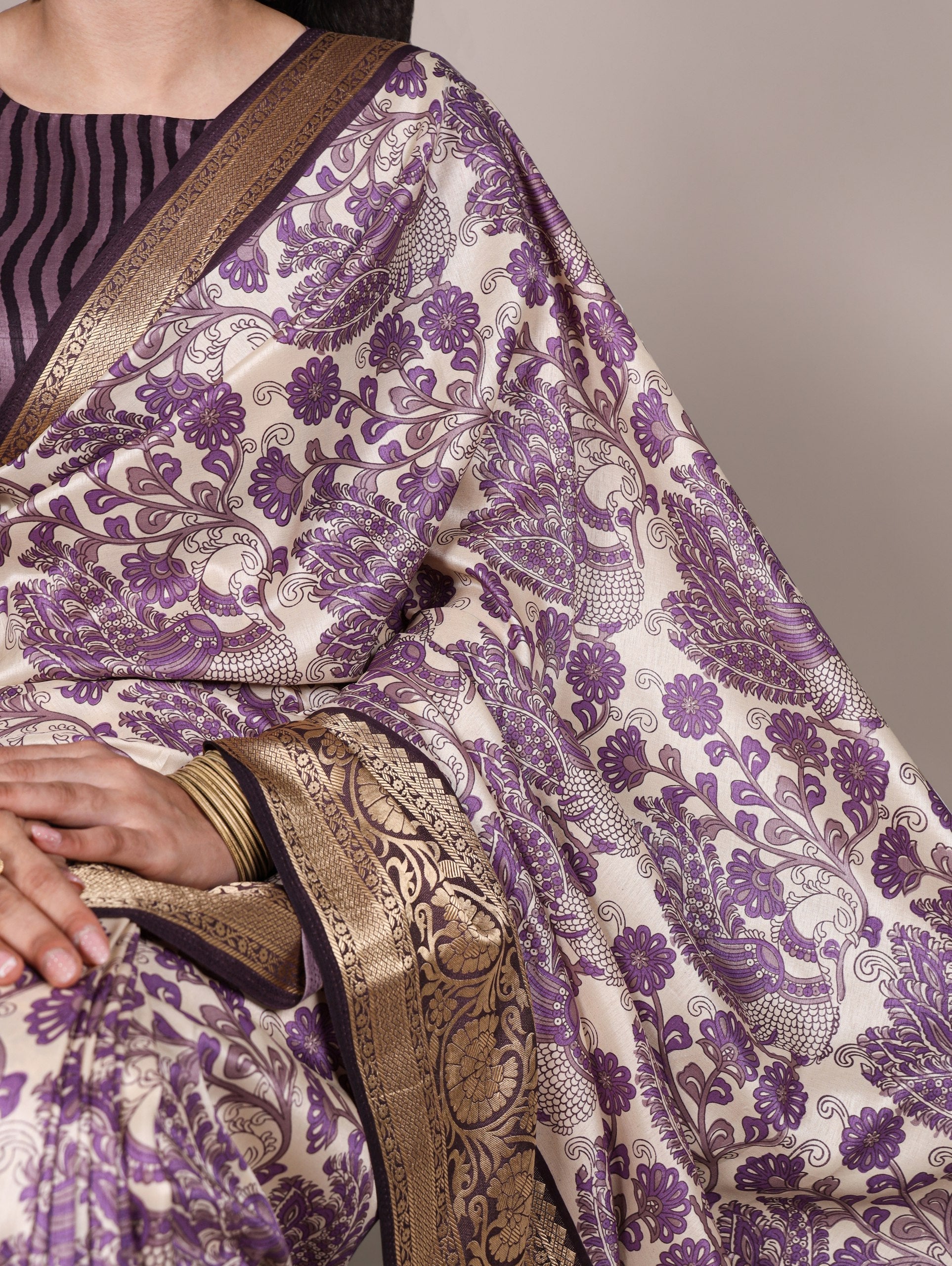 Lavender Elegant Tasar Silk Printed Saree with Viscose Border & Unstitched Blouse – 5.5 Meter Traditional Silk Saree