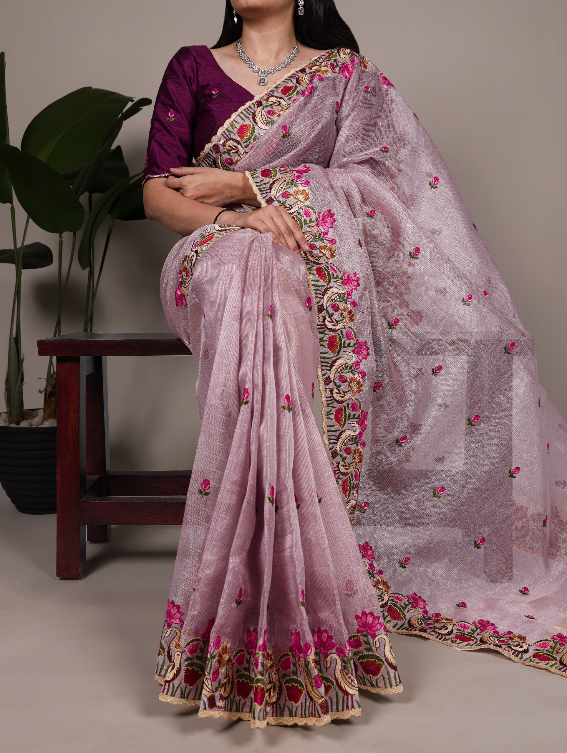 Lavender Elegant Zari Kota Tissue Saree with Exquisite Thread Embroidery Work and Banglory Blouse Piece – Premium Ethnic Ensemble