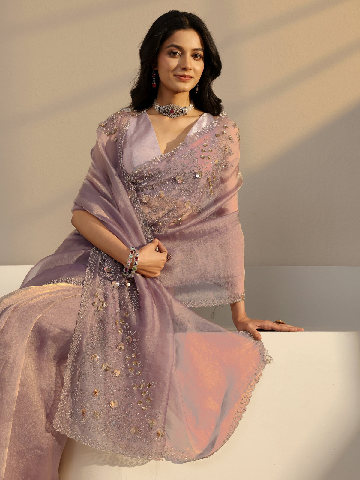 Anouk Lavender Embellished Organza Saree With Unstiched Blouse Piece