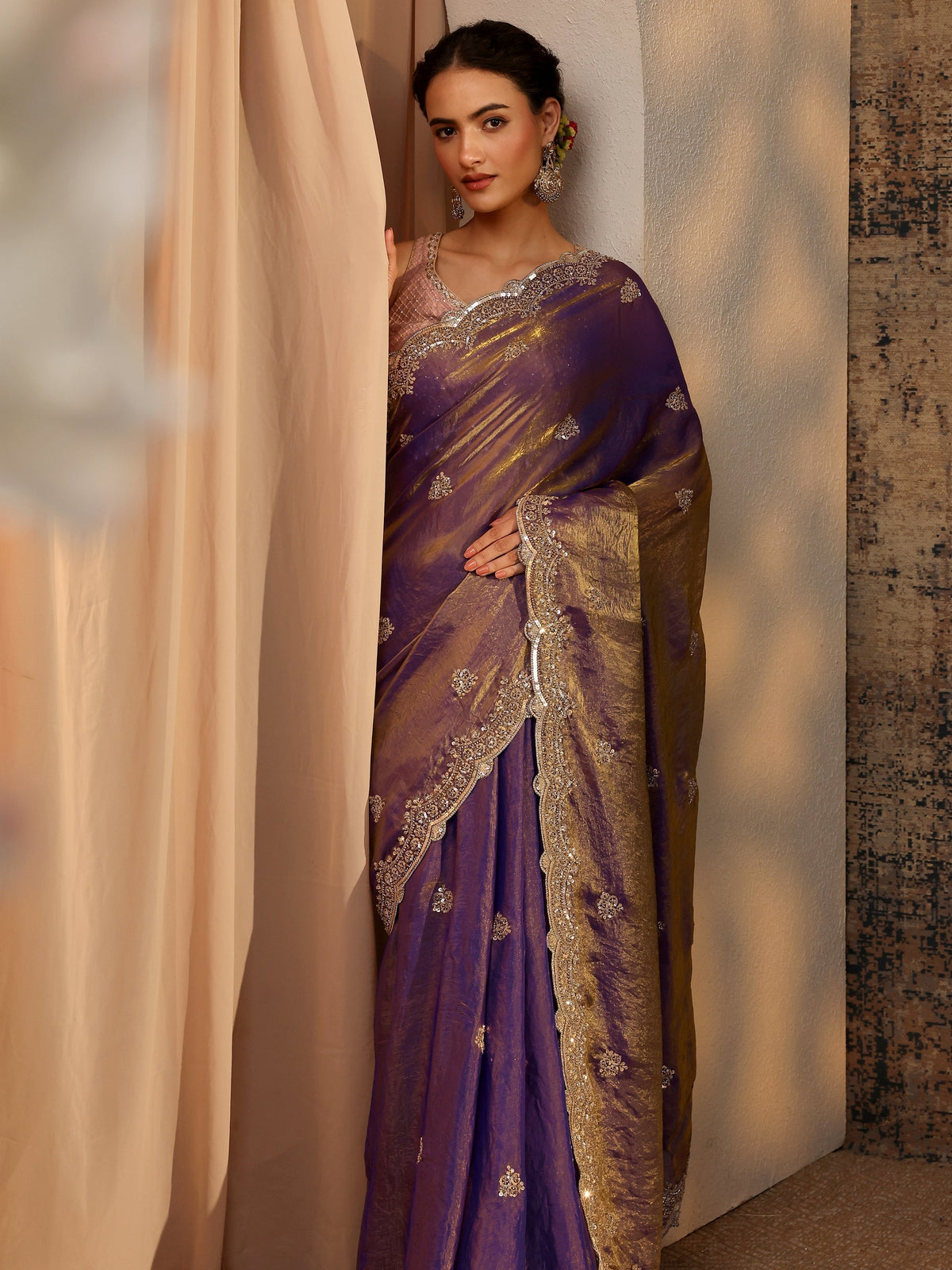 Anouk Lavender Embellished Tissue Saree With Unstitched Blouse Piece