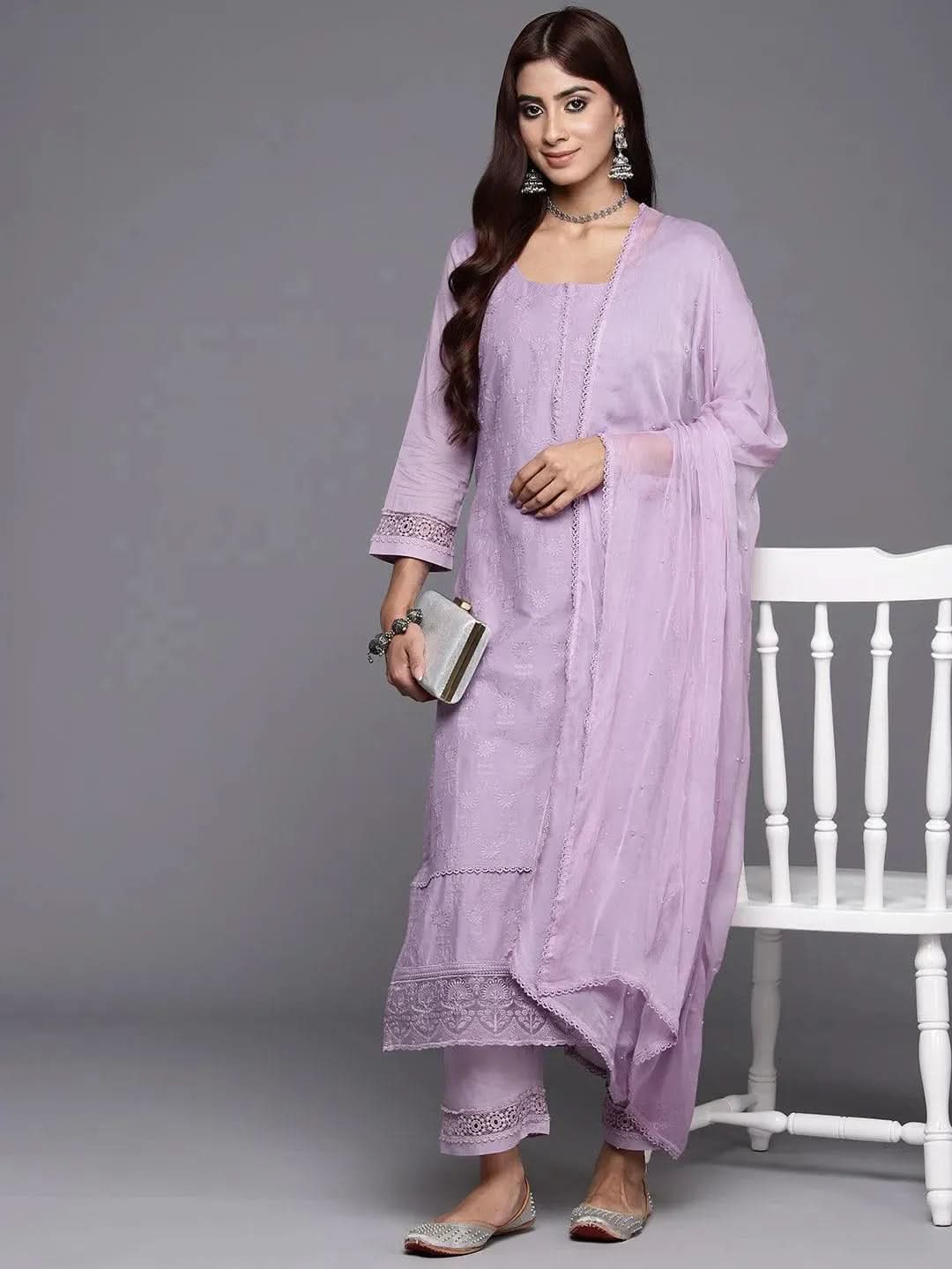 Anouk Lavender Embroidered Cotton Straight Kurta With Trousers & Dupatta