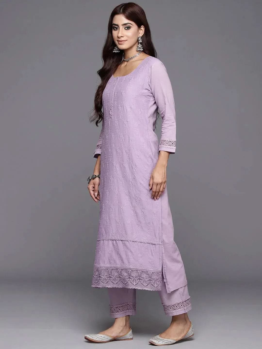 Anouk Lavender Embroidered Cotton Straight Kurta With Trousers & Dupatta