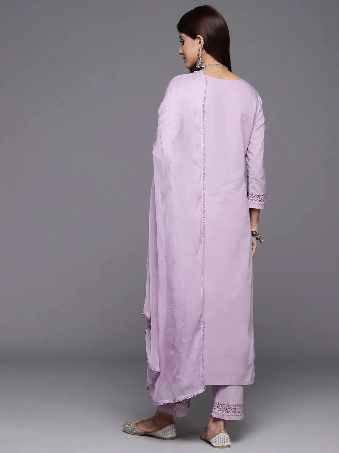 Anouk Lavender Embroidered Cotton Straight Kurta With Trousers & Dupatta