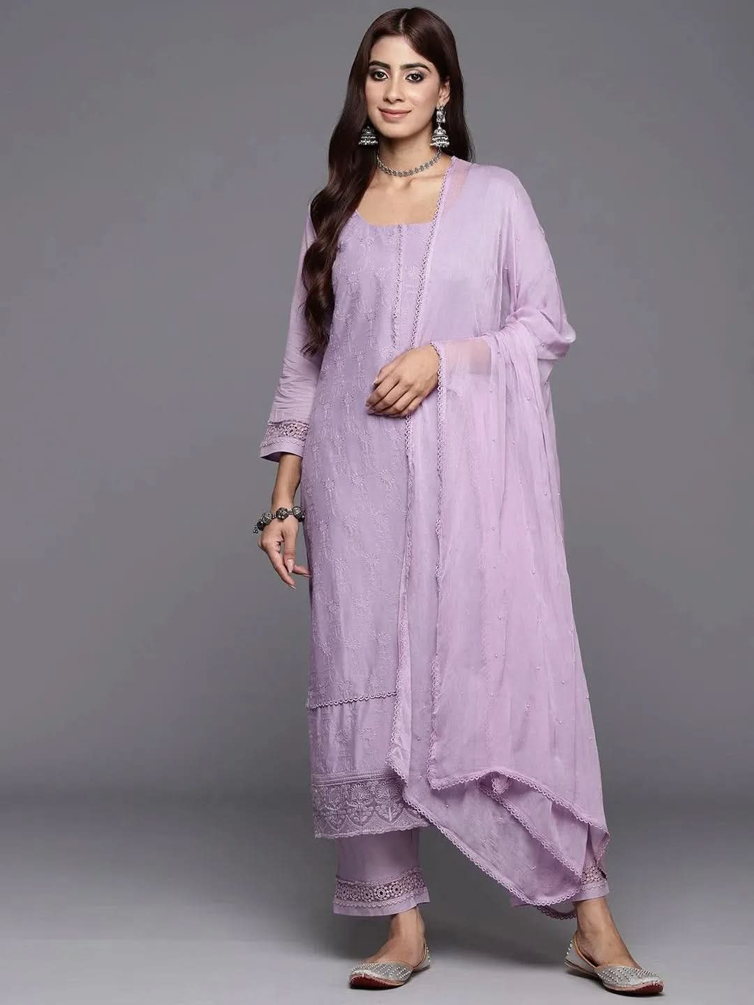 Anouk Lavender Embroidered Cotton Straight Kurta With Trousers & Dupatta