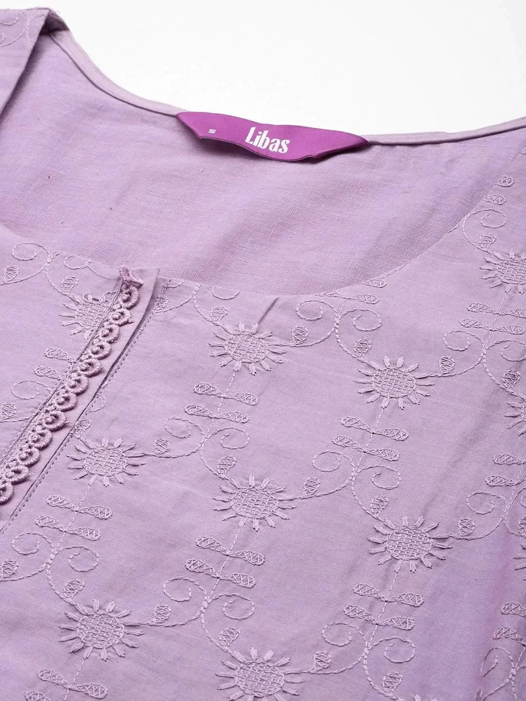 Anouk Lavender Embroidered Cotton Straight Kurta With Trousers & Dupatta