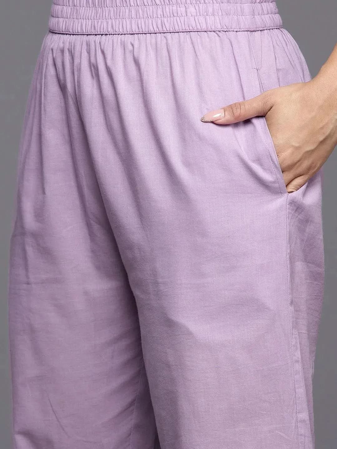 Anouk Lavender Embroidered Cotton Straight Kurta With Trousers & Dupatta