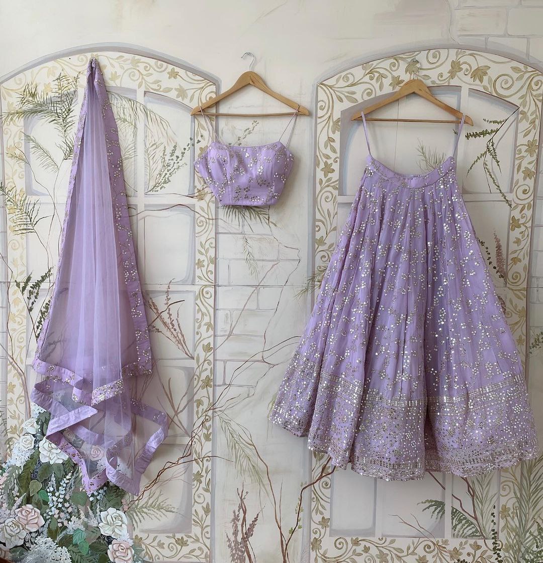 Lavender Georgette Zari & Sequin Embroidered Semi-Stitched Lehenga Choli with Soft Net Dupatta (3.2m Flair)