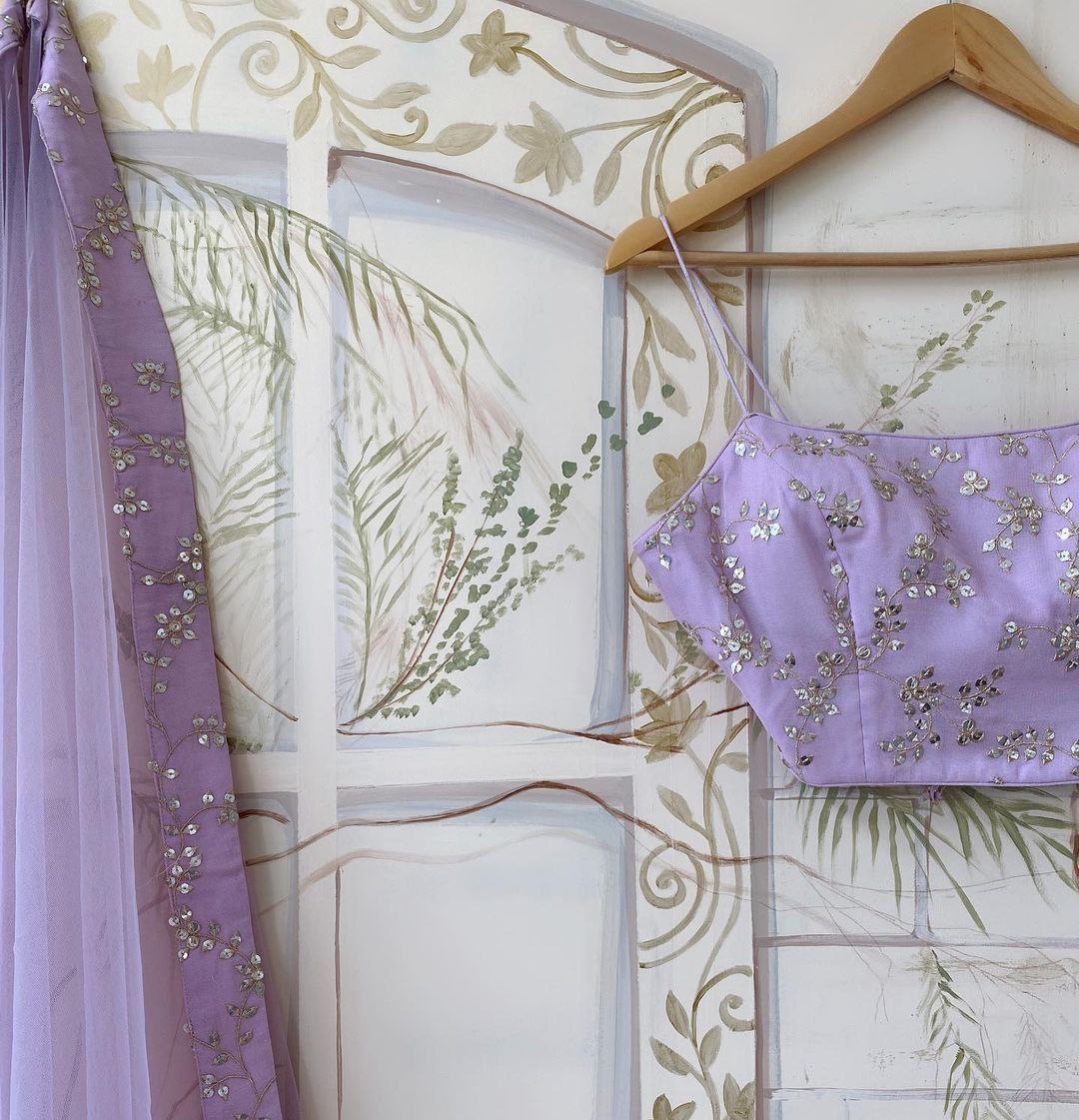 Lavender Georgette Zari & Sequin Embroidered Semi-Stitched Lehenga Choli with Soft Net Dupatta (3.2m Flair)