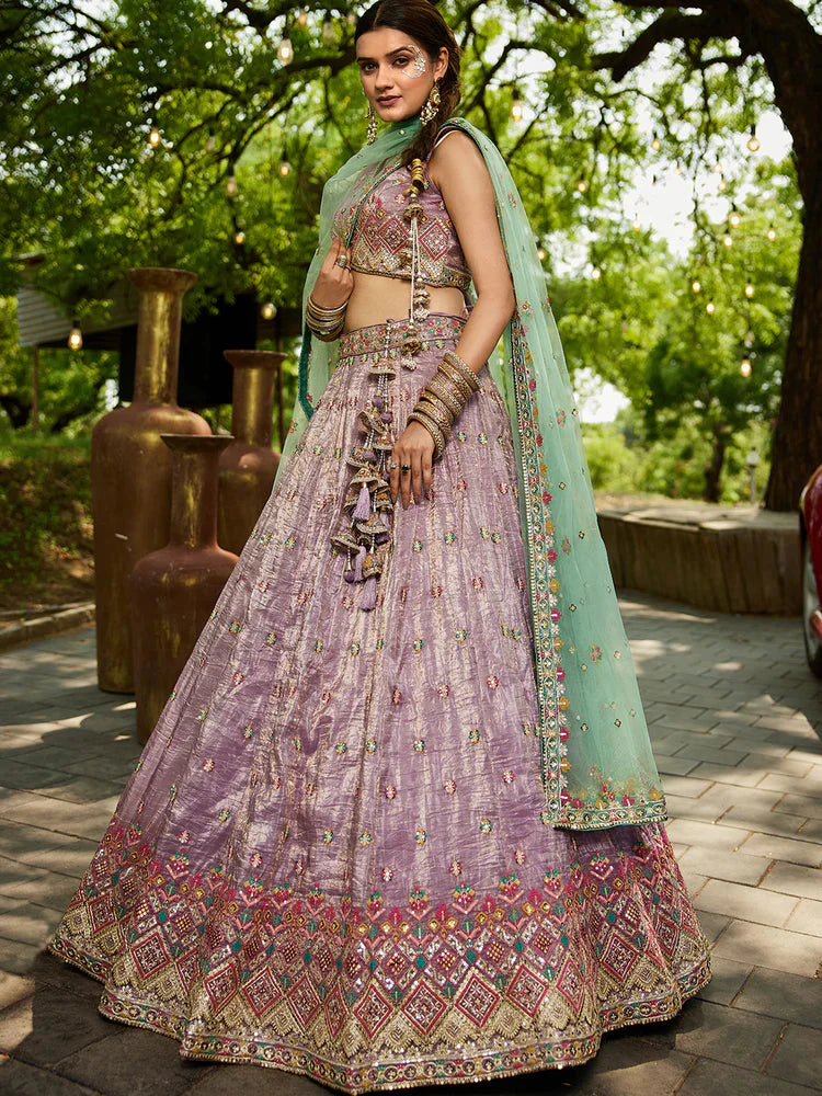 Lavender Gorgeous Pure Georgette Tissue Lehenga Choli Set with Heavy Sequin & Thread Embroidery Work