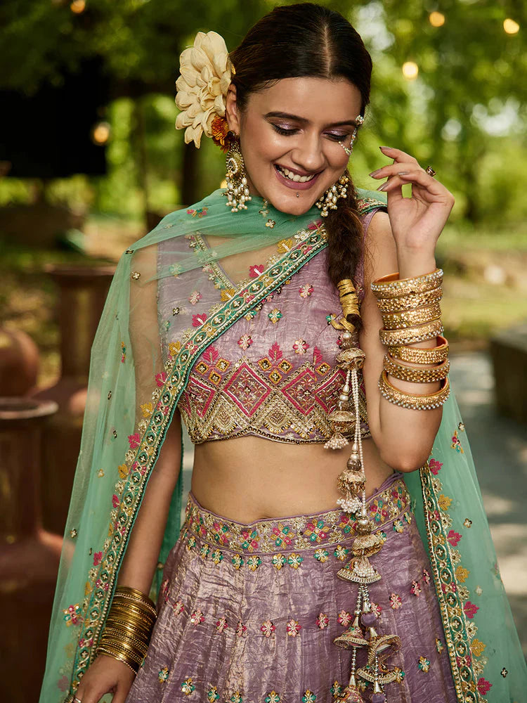 Lavender Gorgeous Pure Georgette Tissue Lehenga Choli Set with Heavy Sequin & Thread Embroidery Work
