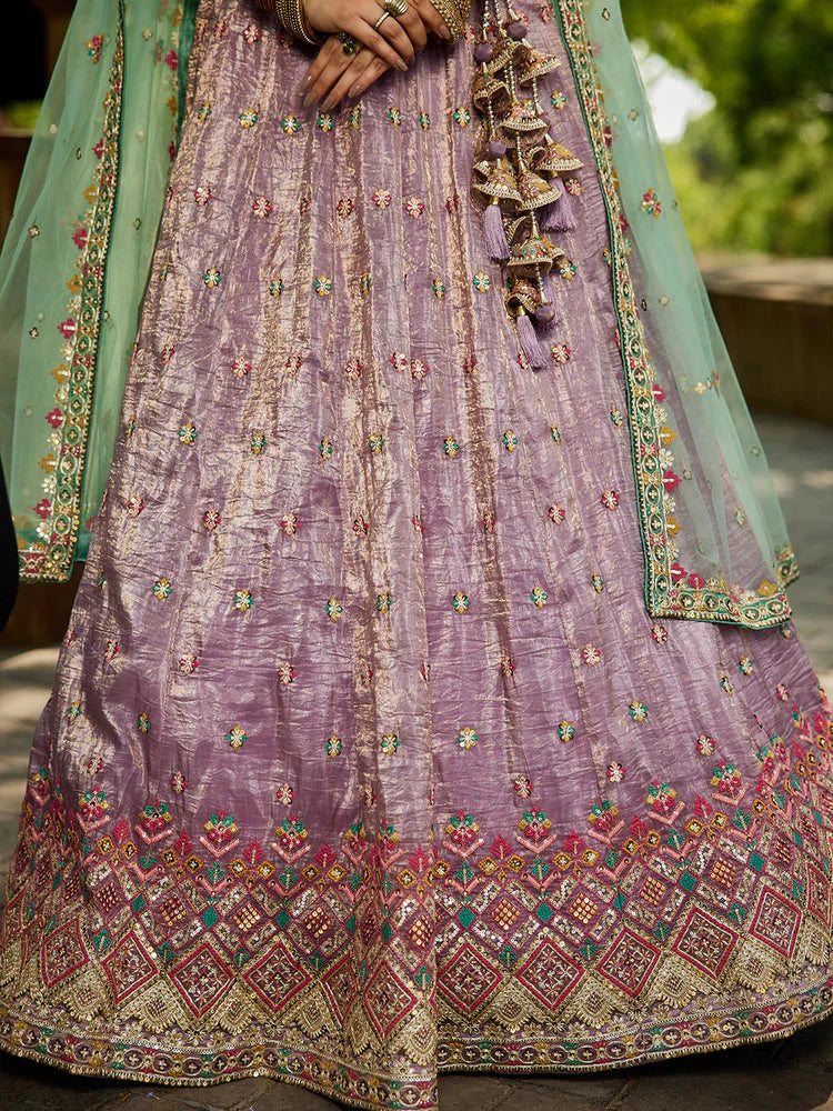 Lavender Gorgeous Pure Georgette Tissue Lehenga Choli Set with Heavy Sequin & Thread Embroidery Work