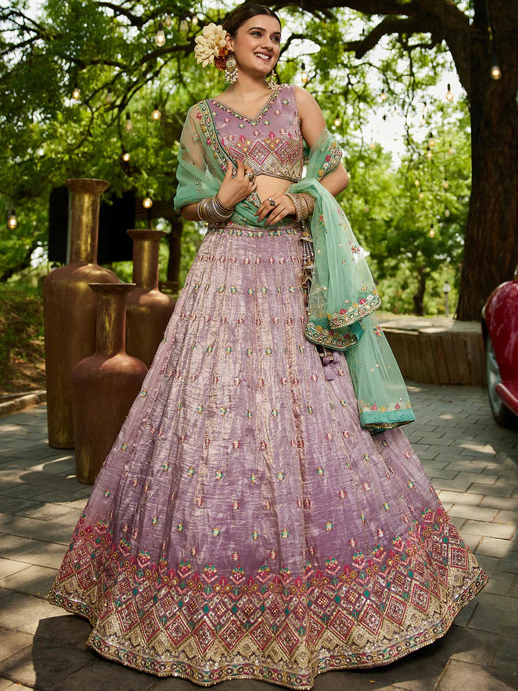 Lavender Gorgeous Pure Georgette Tissue Lehenga Choli Set with Heavy Sequin & Thread Embroidery Work