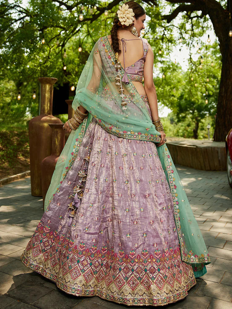 Lavender Gorgeous Pure Georgette Tissue Lehenga Choli Set with Heavy Sequin & Thread Embroidery Work