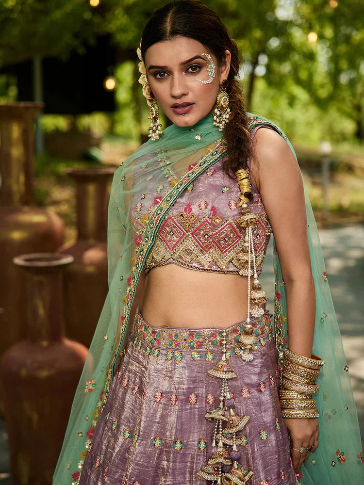 Lavender Gorgeous Pure Georgette Tissue Lehenga Choli Set with Heavy Sequin & Thread Embroidery Work