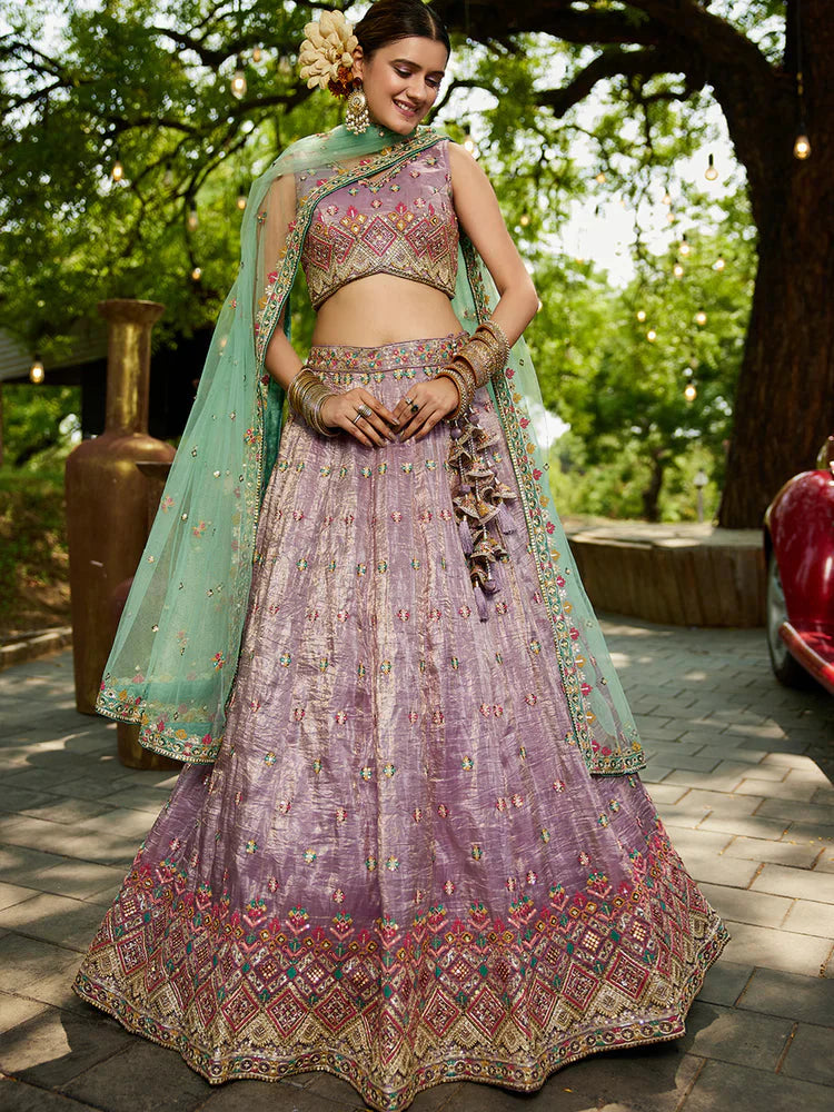 Lavender Gorgeous Pure Georgette Tissue Lehenga Choli Set with Heavy Sequin & Thread Embroidery Work