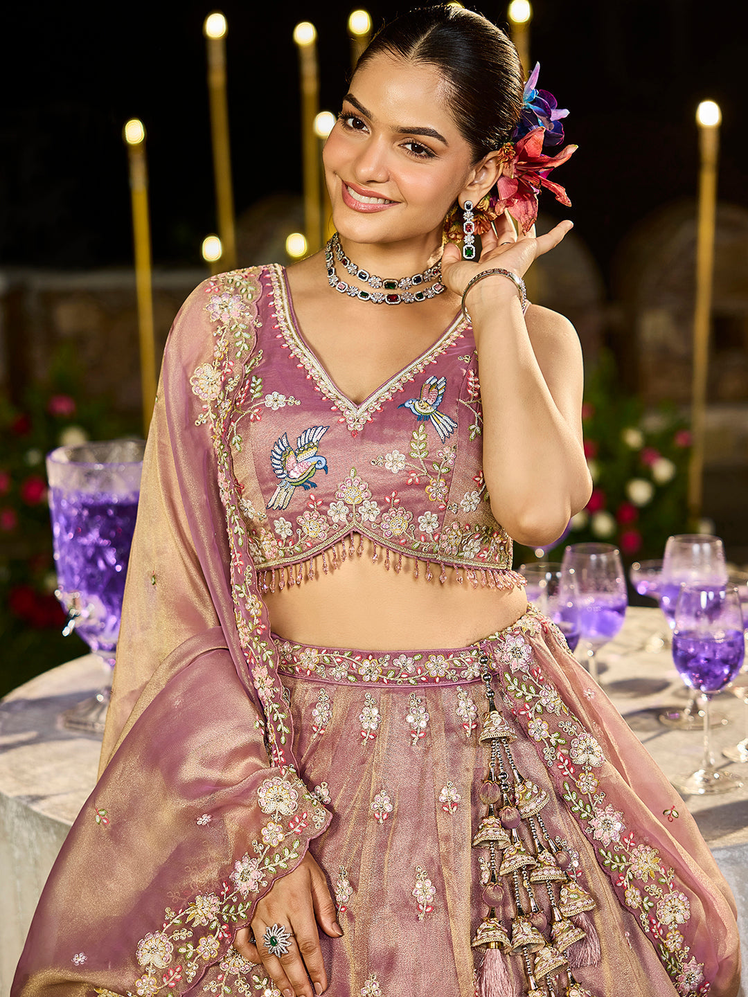 Lavender Luxury Tissue Fabric Sequin & Embroidery Work Lehenga Choli with Dupatta – 4.5 Meter Grand Flair, Fully Stitched