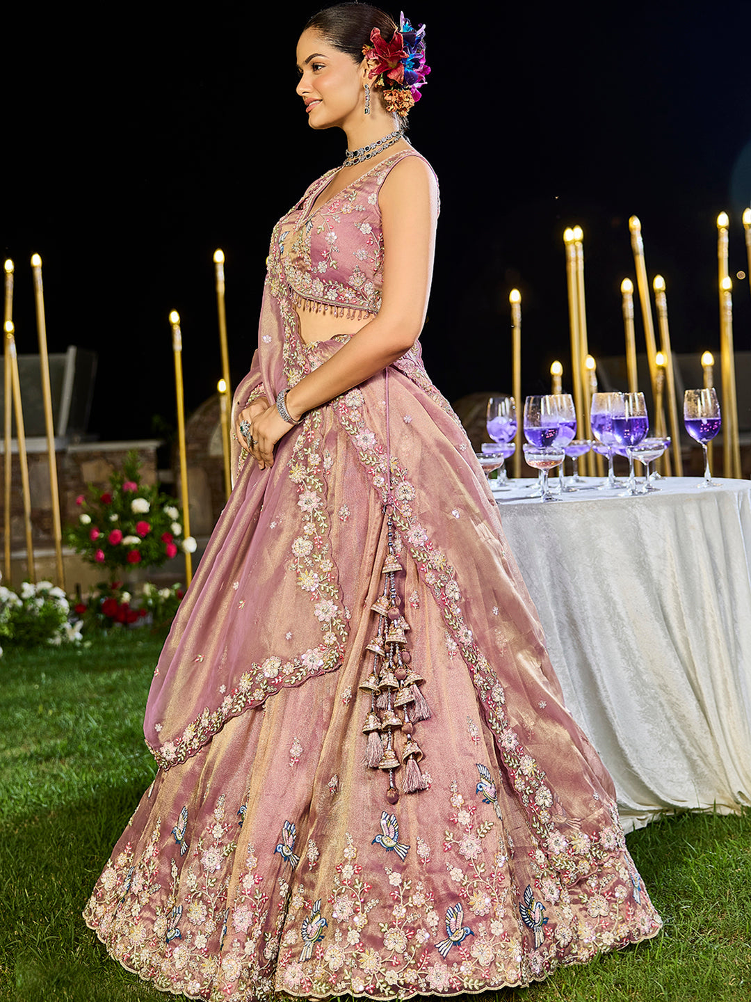 Lavender Luxury Tissue Fabric Sequin & Embroidery Work Lehenga Choli with Dupatta – 4.5 Meter Grand Flair, Fully Stitched