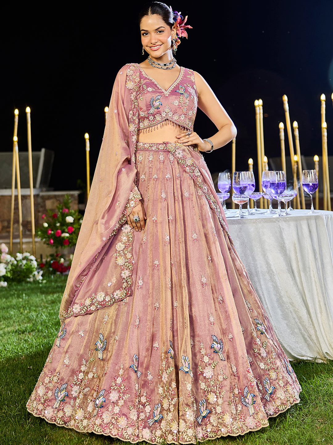 Lavender Luxury Tissue Fabric Sequin & Embroidery Work Lehenga Choli with Dupatta – 4.5 Meter Grand Flair, Fully Stitched