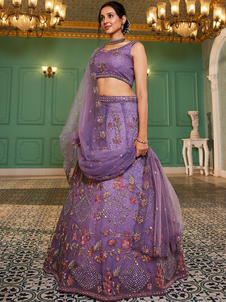 Lavender net with Coding & Zarkan embroidery Semi-Stitched Lehenga choli & Dupatta