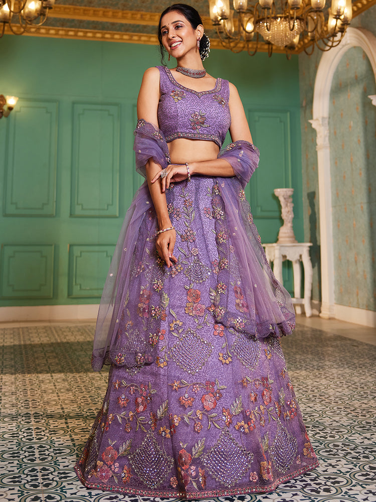 Lavender net with Coding & Zarkan embroidery Semi-Stitched Lehenga choli & Dupatta