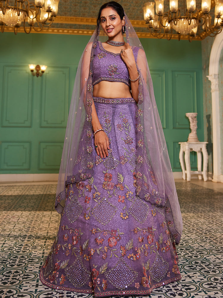 Lavender net with Coding & Zarkan embroidery Semi-Stitched Lehenga choli & Dupatta