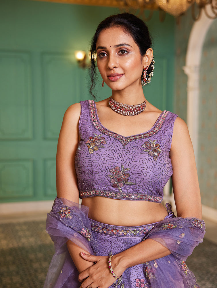 Lavender net with Coding & Zarkan embroidery Semi-Stitched Lehenga choli & Dupatta