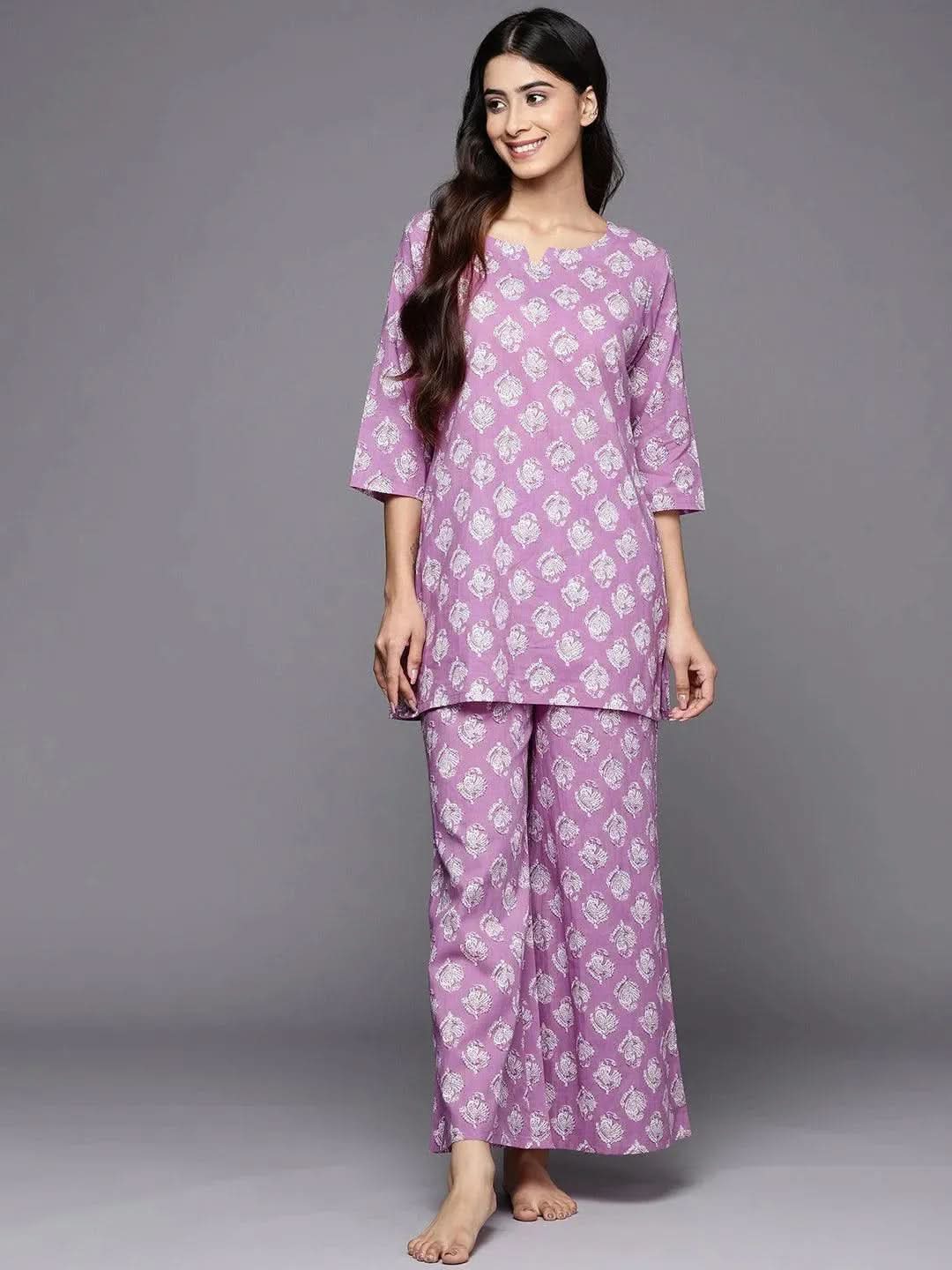 Anouk Lavender Printed Cotton Night Suit