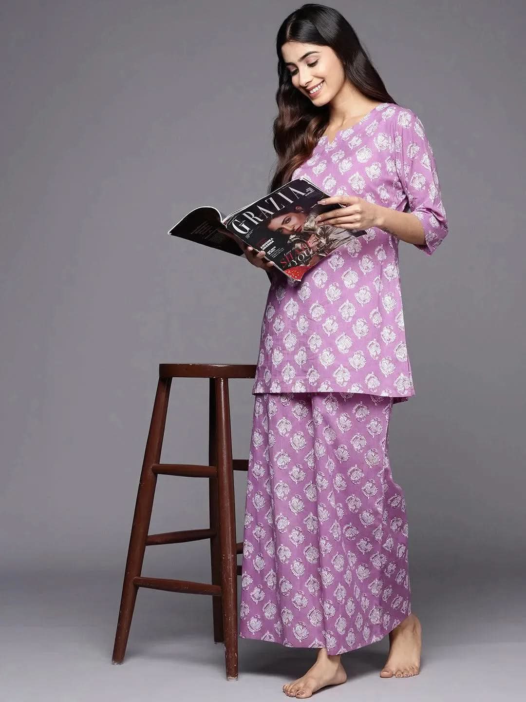 Anouk Lavender Printed Cotton Night Suit