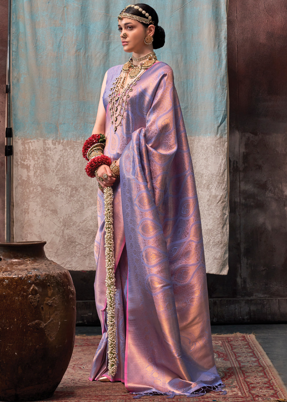 Lavender Regal Banarasi Silk Saree with Gold & Silver Zari Brocade Work