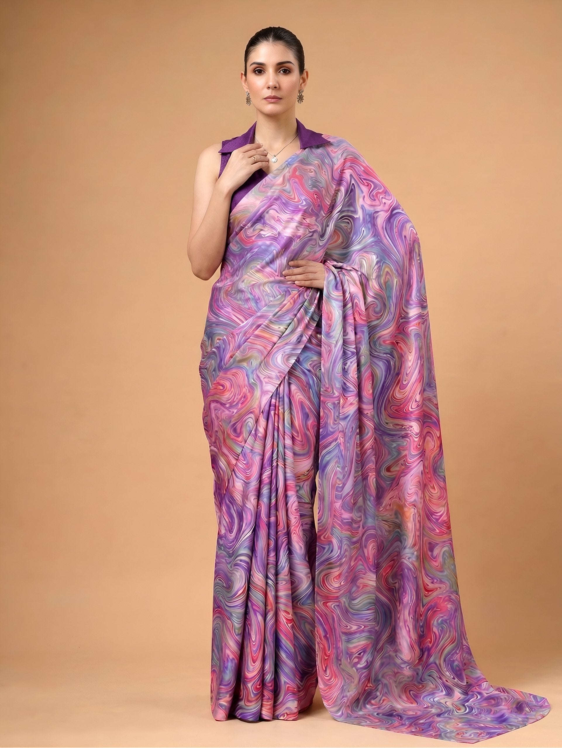 Lavender Satin Silk Printed Saree