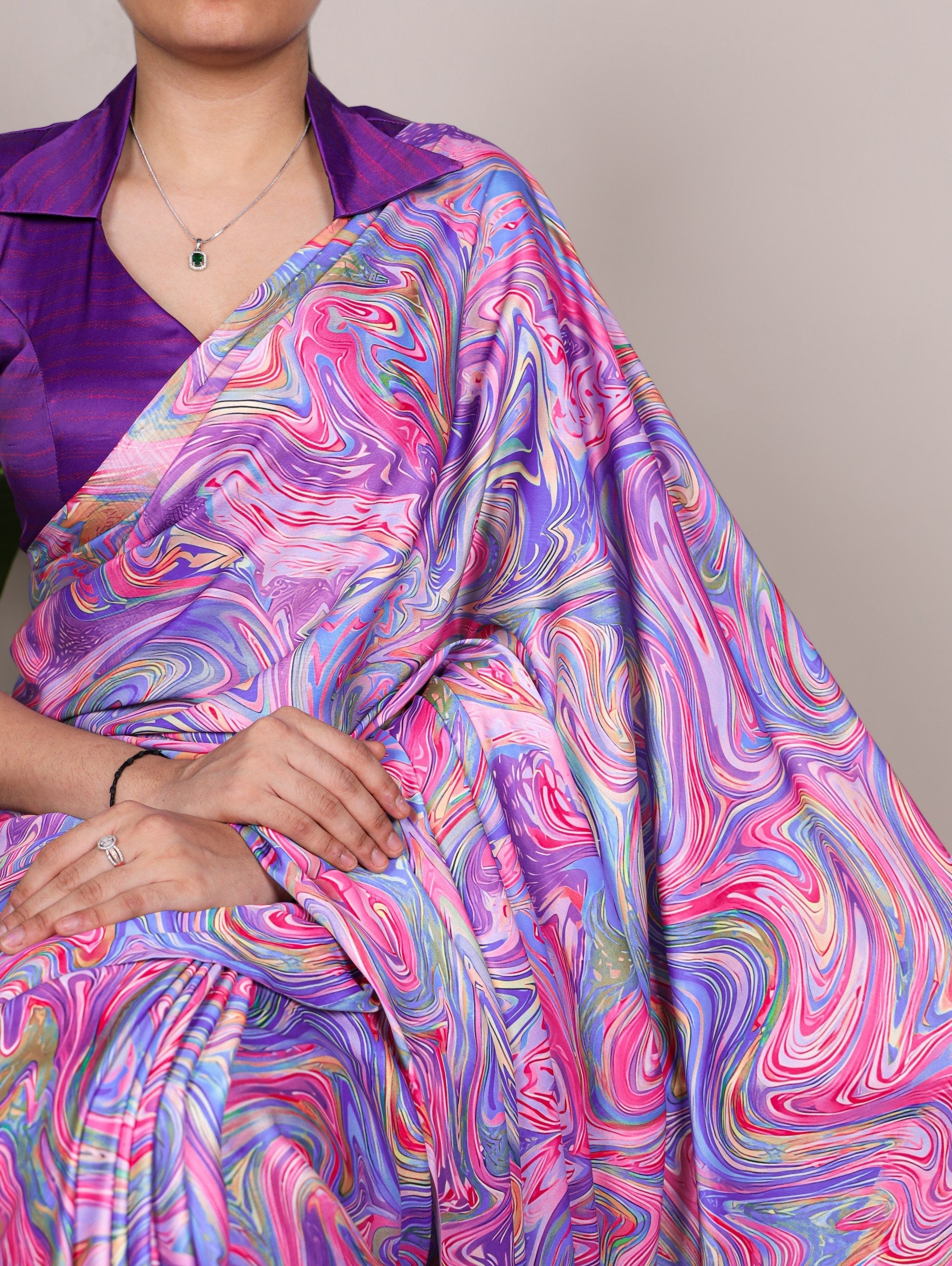 Lavender Satin Silk Printed Saree