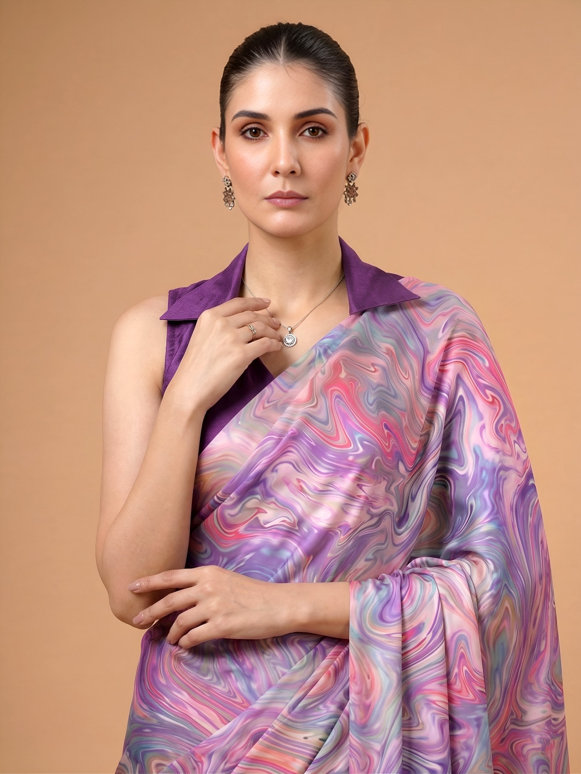 Lavender Satin Silk Printed Saree
