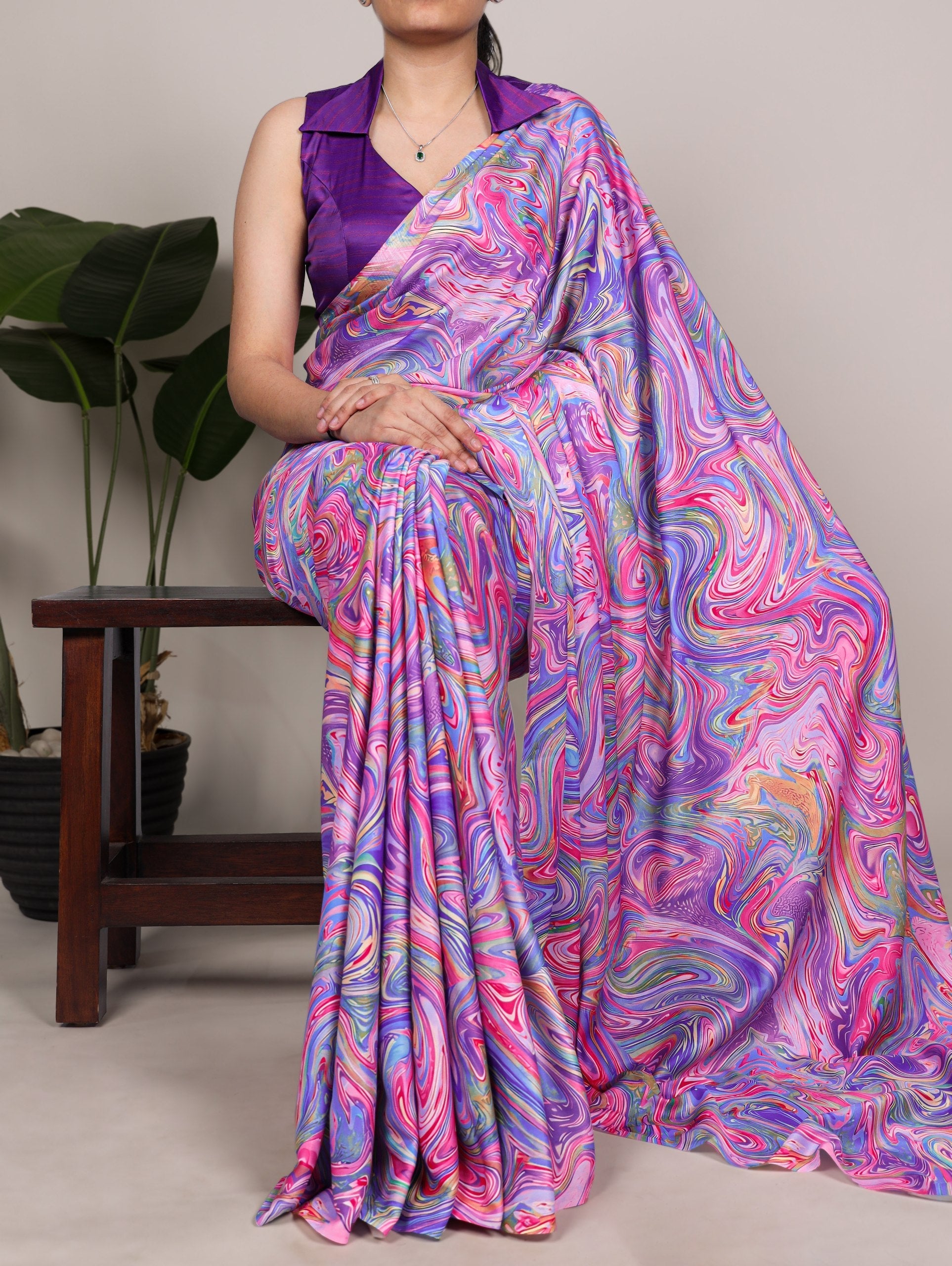Lavender Satin Silk Printed Saree