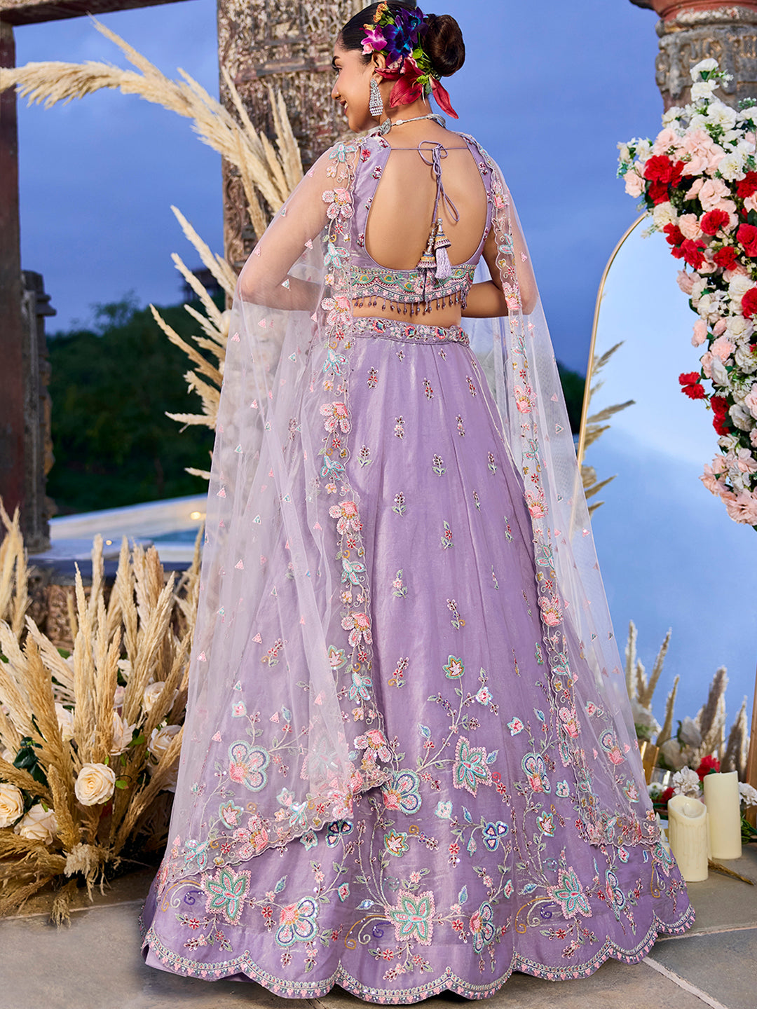 Lavender Satin Silk Sequin & Embroidery Lehenga Choli with Net Dupatta – Fully Stitched