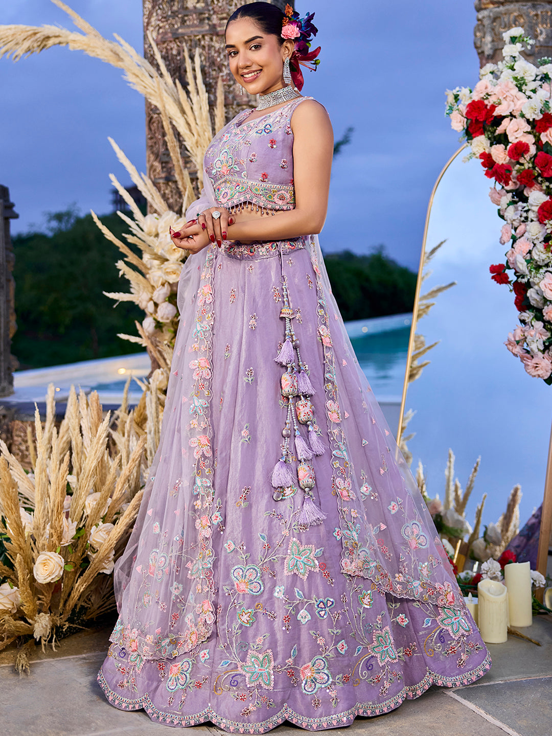 Lavender Satin Silk Sequin & Embroidery Lehenga Choli with Net Dupatta – Fully Stitched