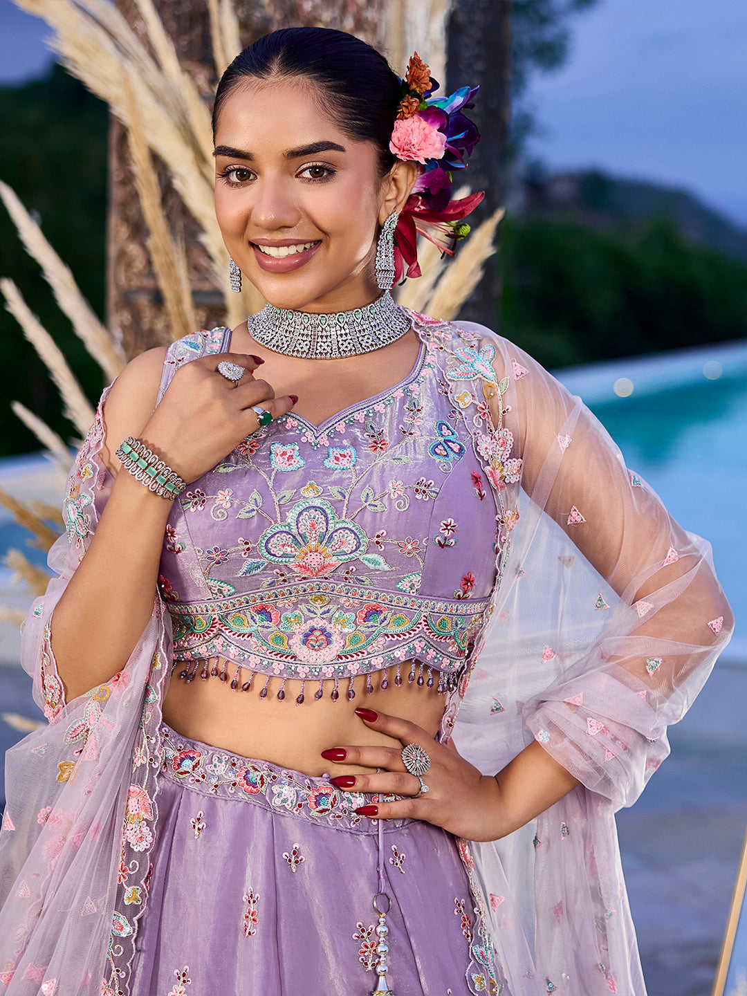 Lavender Satin Silk Sequin & Embroidery Lehenga Choli with Net Dupatta – Fully Stitched