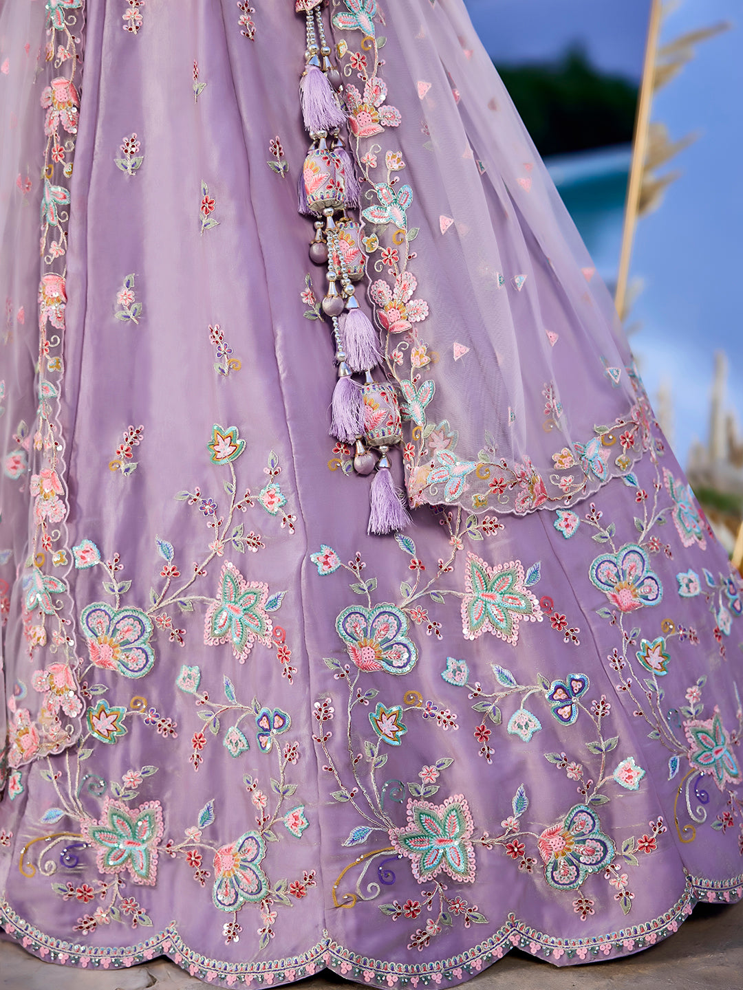 Lavender Satin Silk Sequin & Embroidery Lehenga Choli with Net Dupatta – Fully Stitched