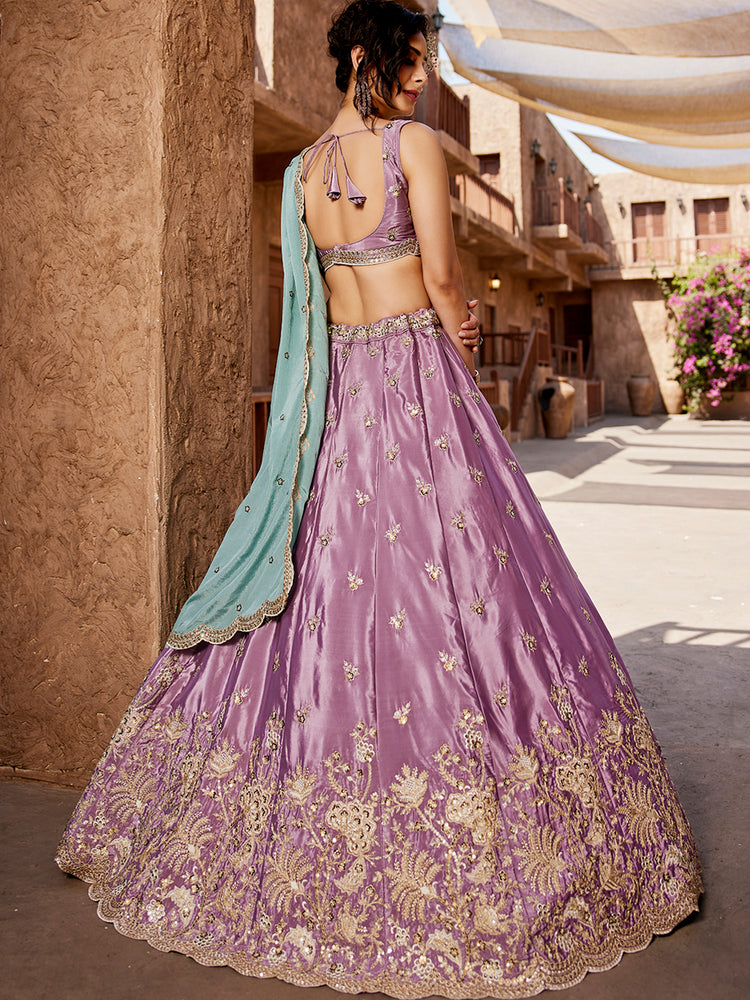 Lavender Satin Silk Sequins embroidery Semi-Stitched Lehenga choli & Dupatta