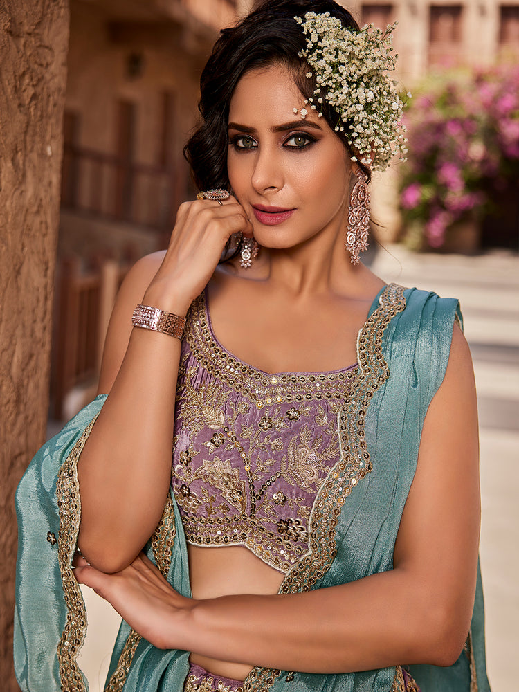Lavender Satin Silk Sequins embroidery Semi-Stitched Lehenga choli & Dupatta