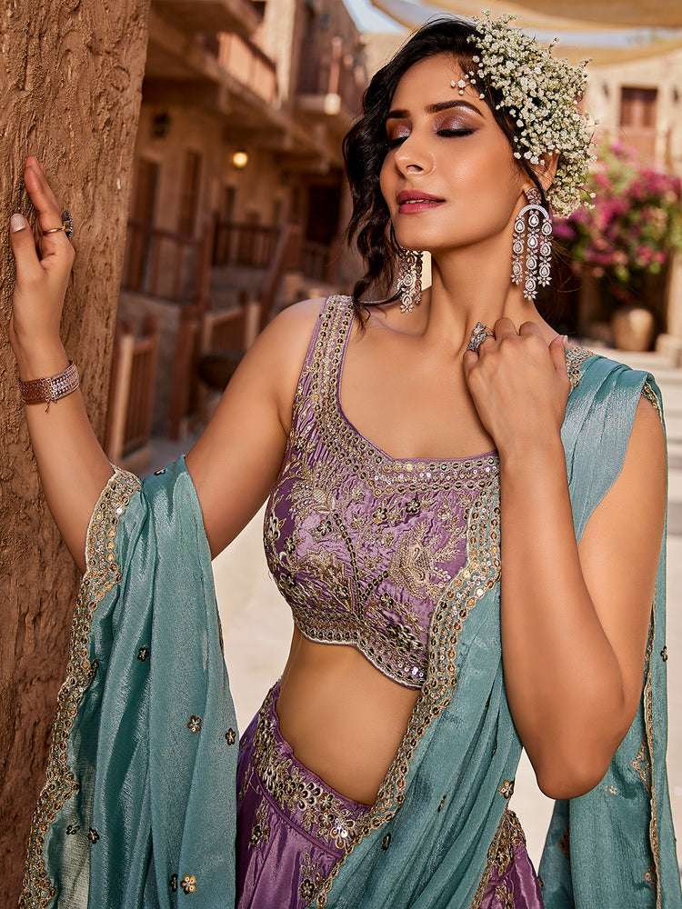 Lavender Satin Silk Sequins embroidery Semi-Stitched Lehenga choli & Dupatta