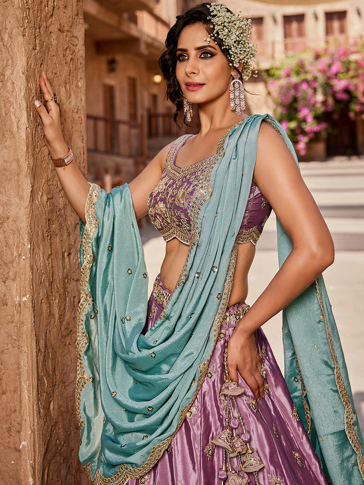 Lavender Satin Silk Sequins embroidery Semi-Stitched Lehenga choli & Dupatta