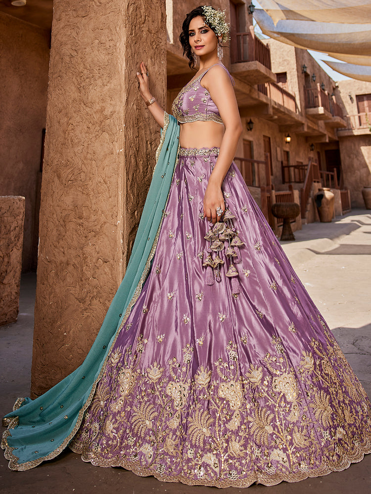 Lavender Satin Silk Sequins embroidery Semi-Stitched Lehenga choli & Dupatta