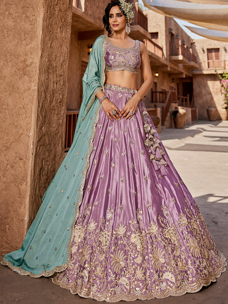 Lavender Satin Silk Sequins embroidery Semi-Stitched Lehenga choli & Dupatta