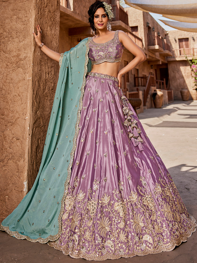 Lavender Satin Silk Sequins embroidery Semi-Stitched Lehenga choli & Dupatta